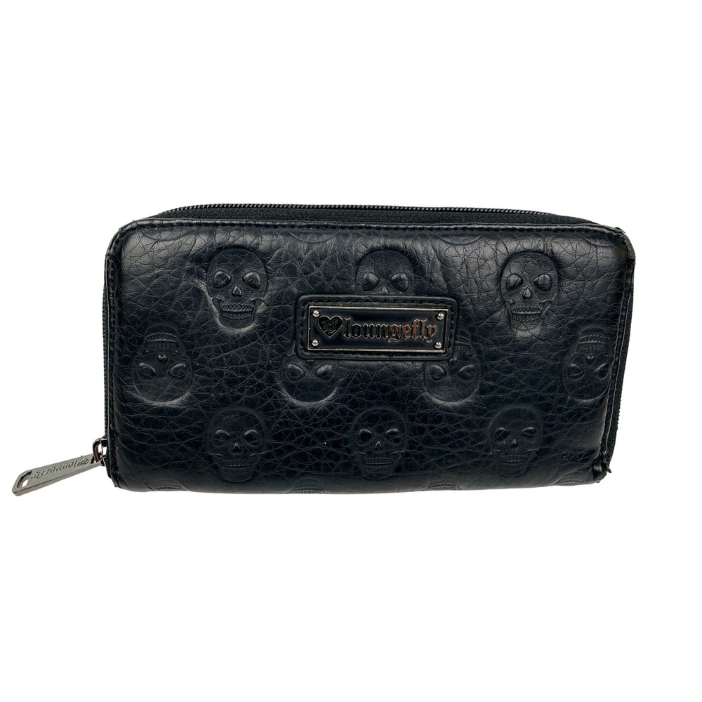 Loungefly Black Embossed Skull Zip Around Wallet Faux Leather Goth Punk BE